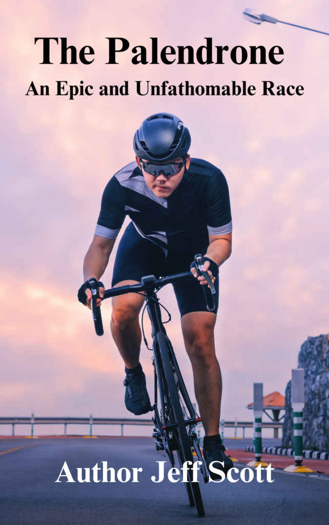 Young man riding a roadbike with a hazy pink background.